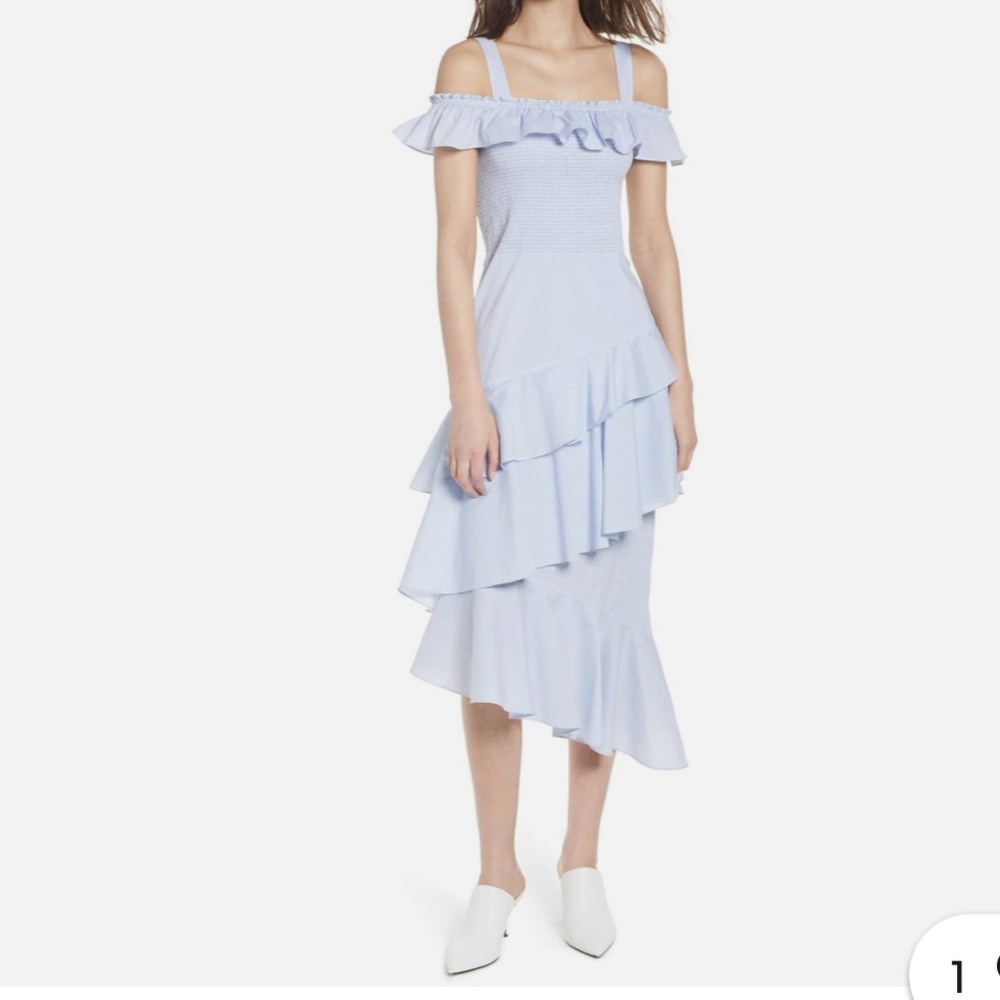 Chelsea28 Light Blue smocked Asymmetrical Ruffle Dress
